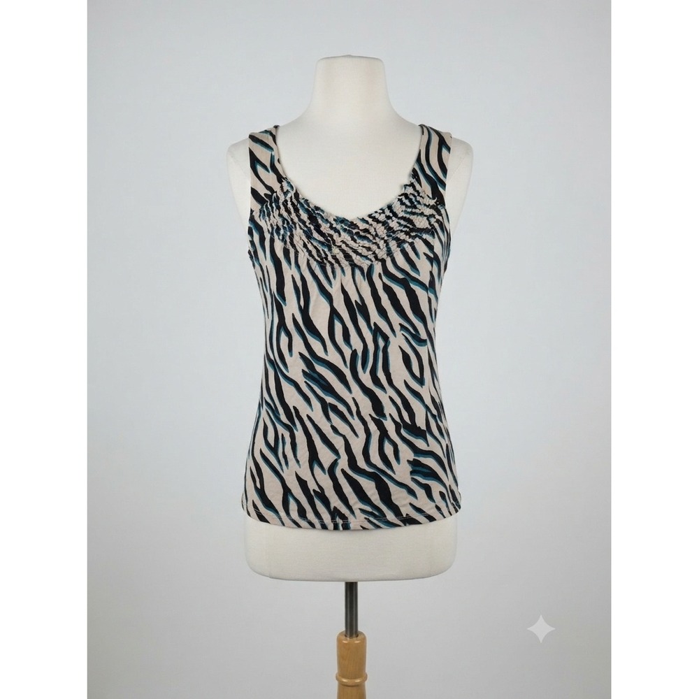 Y2K INC International Concepts Zebra Print Smocked Tank Top Teal Black Tan Small